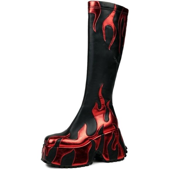 🆕Women Black Zipper High Heeled Flames Printing Chunky Sole Tall Round Boots - Picture 1 of 7